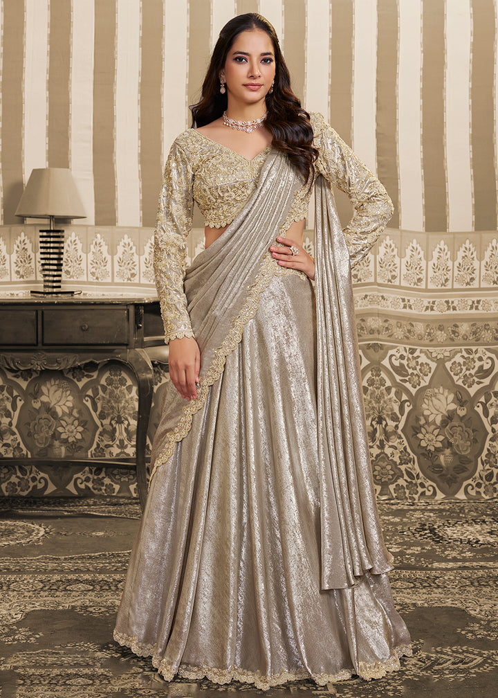 Buy Now Cream Saree Style Embroidered Designer Lehenga Choli Online in US, UK, France, Swiss, Netherlands, Germany, Italy, Canada, UAE & Worldwide at Empress.