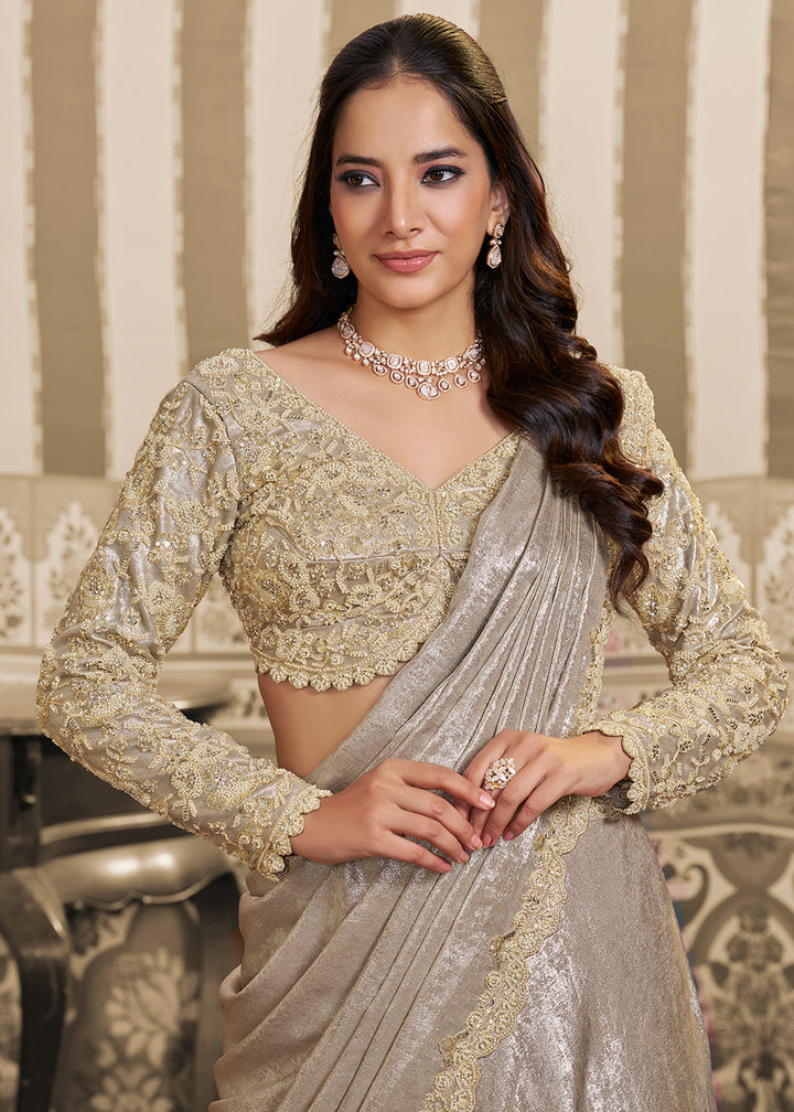 Buy Now Cream Saree Style Embroidered Designer Lehenga Choli Online in US, UK, France, Swiss, Netherlands, Germany, Italy, Canada, UAE & Worldwide at Empress.