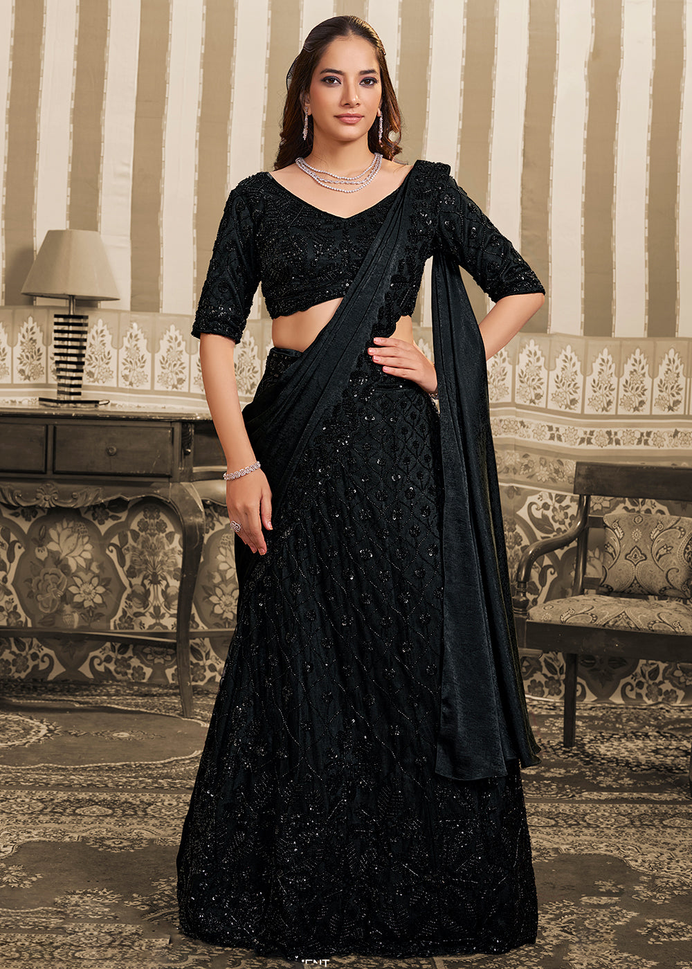 Buy Now Black Saree Style Embroidered Designer Lehenga Choli Online in US, UK, France, Swiss, Netherlands, Germany, Italy, Canada, UAE & Worldwide at Empress.