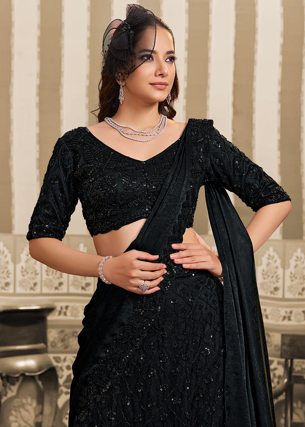 Buy Now Black Saree Style Embroidered Designer Lehenga Choli Online in US, UK, France, Swiss, Netherlands, Germany, Italy, Canada, UAE & Worldwide at Empress.