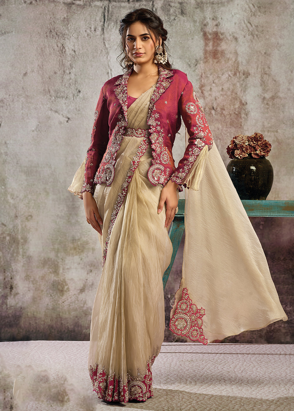 Buy Cream & Pink Desgner Party Wear Pre Draped Saree Online in US, UK, Canada, Spain, France, Germany, Italy, Austria, Ireland, Sweden & Worldwide at Empress.