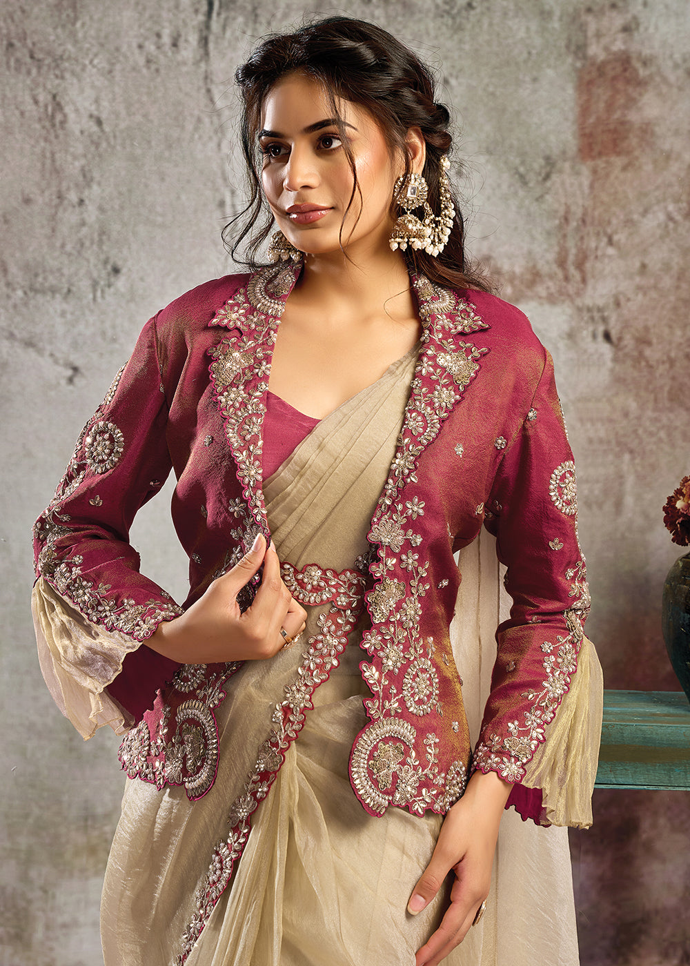 Buy Cream & Pink Desgner Party Wear Pre Draped Saree Online in US, UK, Canada, Spain, France, Germany, Italy, Austria, Ireland, Sweden & Worldwide at Empress.