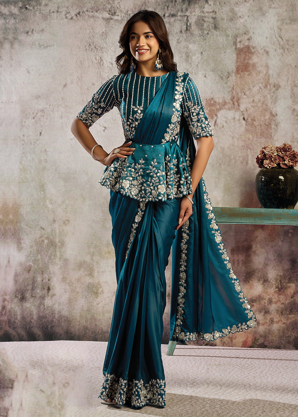 Buy Morpich Blue Desgner Party Wear Pre Draped Saree Online in US, UK, Canada, Spain, France, Germany, Italy, Austria, Ireland, Sweden & Worldwide at Empress.