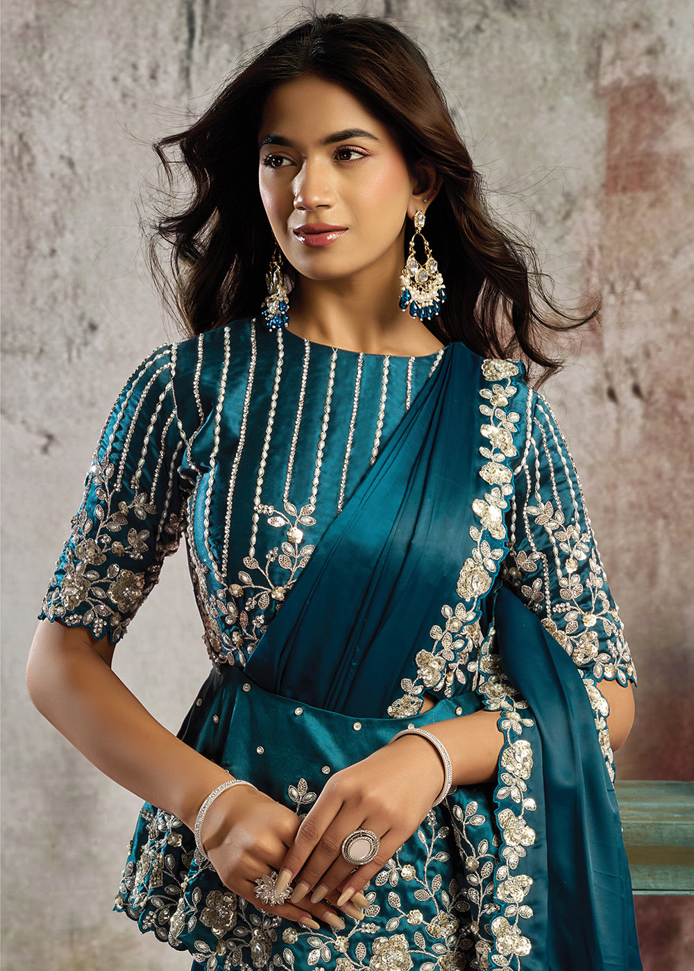Buy Morpich Blue Desgner Party Wear Pre Draped Saree Online in US, UK, Canada, Spain, France, Germany, Italy, Austria, Ireland, Sweden & Worldwide at Empress.