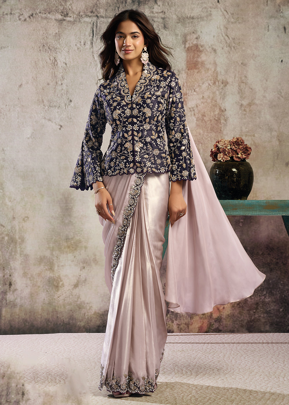 Buy Lilac & Plum Desgner Party Wear Pre Draped Saree Online in US, UK, Canada, Spain, France, Germany, Italy, Austria, Ireland, Sweden & Worldwide at Empress.