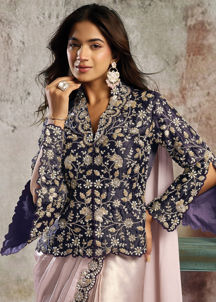 Buy Lilac & Plum Desgner Party Wear Pre Draped Saree Online in US, UK, Canada, Spain, France, Germany, Italy, Austria, Ireland, Sweden & Worldwide at Empress.