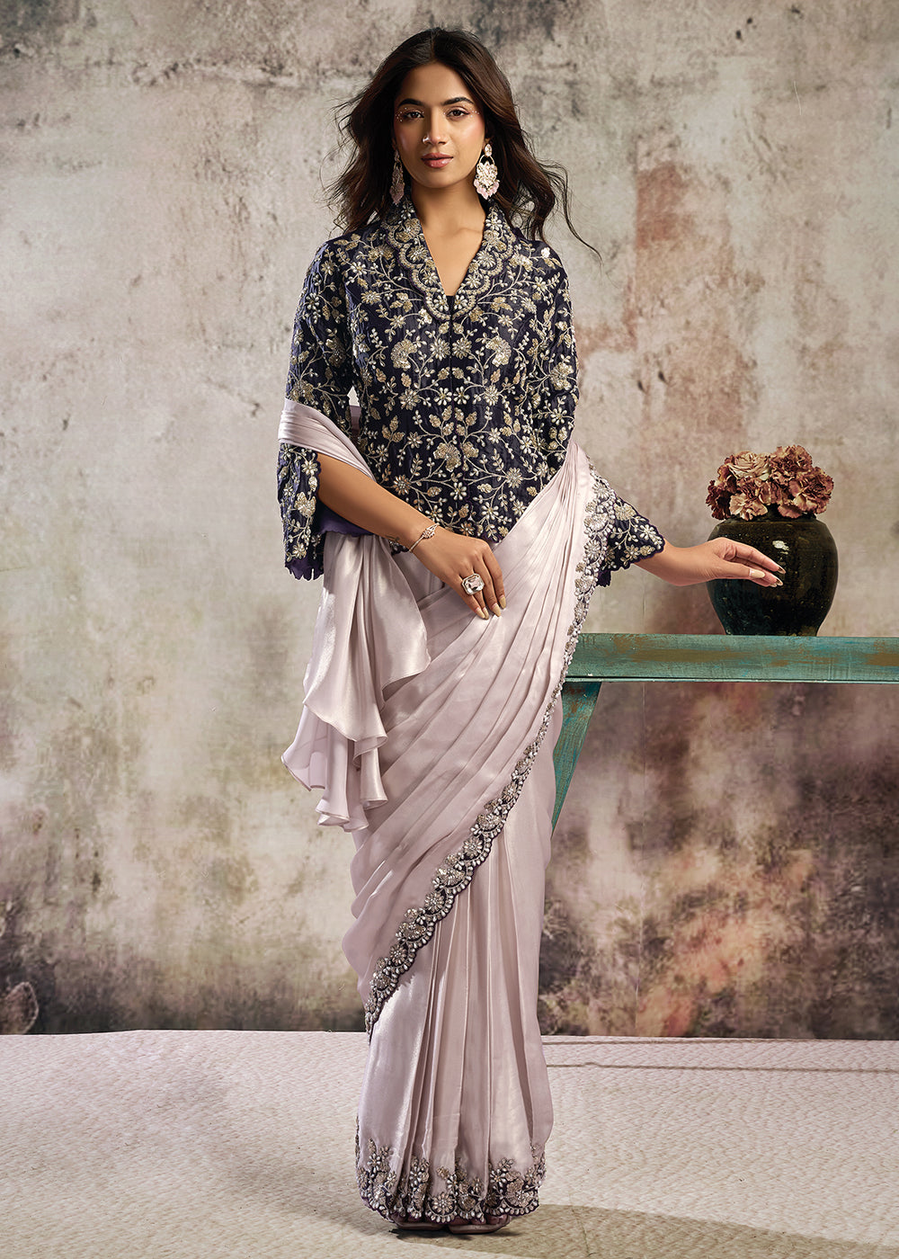Buy Lilac & Plum Desgner Party Wear Pre Draped Saree Online in US, UK, Canada, Spain, France, Germany, Italy, Austria, Ireland, Sweden & Worldwide at Empress.