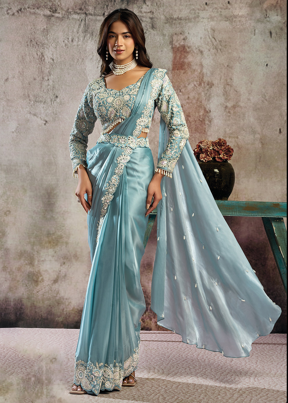 Buy Mint Blue Desgner Party Wear Pre Draped Saree Online in US, UK, Canada, Spain, France, Germany, Italy, Austria, Ireland, Sweden & Worldwide at Empress.