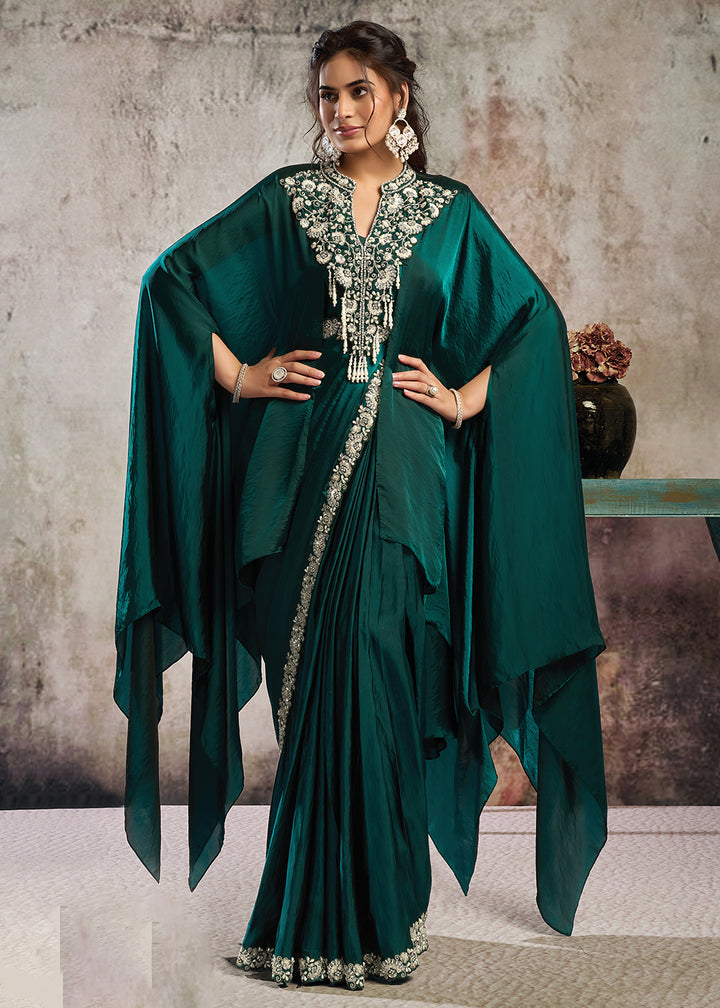 Buy Peacock Green Desgner Party Wear Pre Draped Saree Online in US, UK, Canada, Spain, France, Germany, Italy, Austria, Ireland, Sweden & Worldwide at Empress.