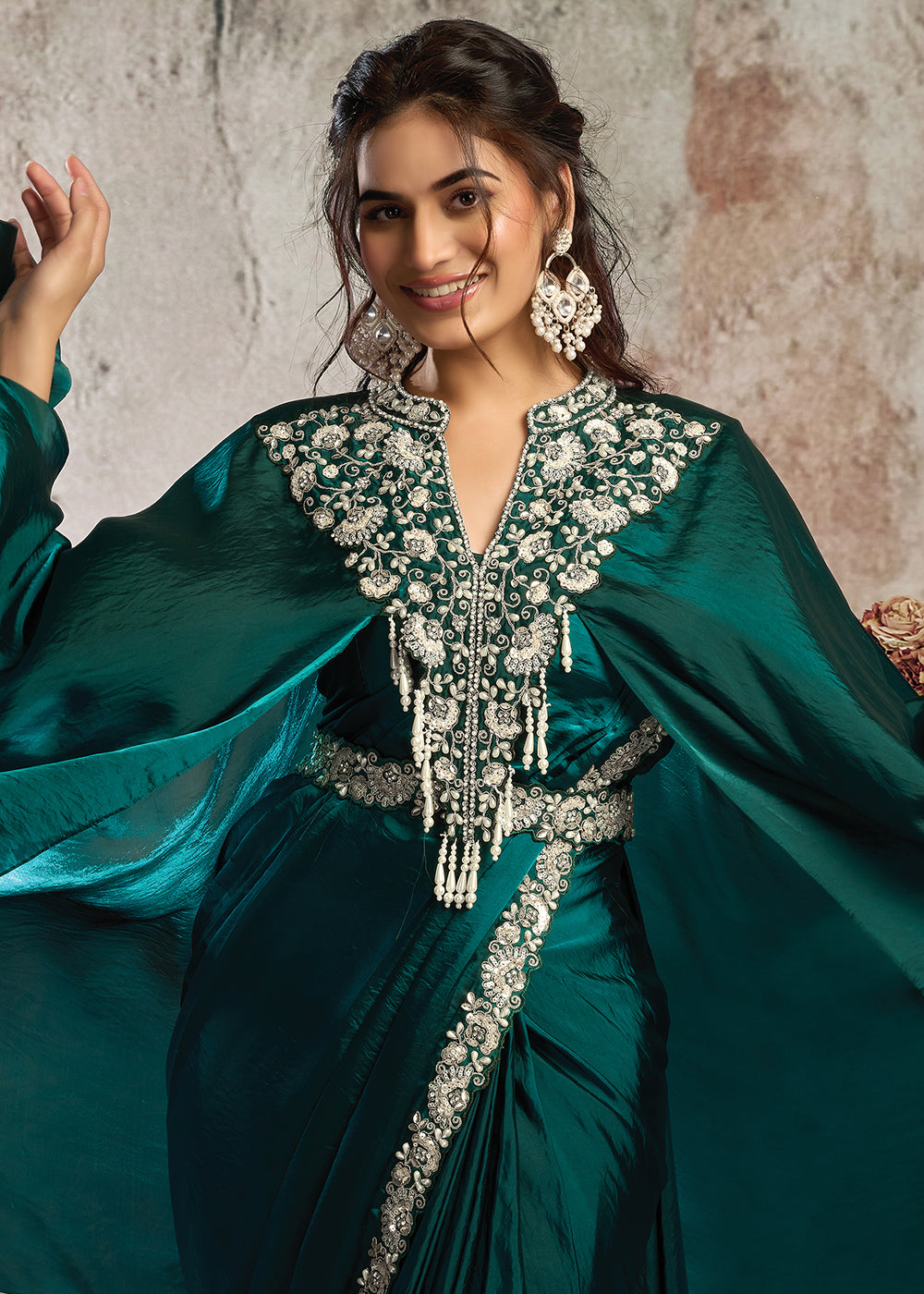 Buy Peacock Green Desgner Party Wear Pre Draped Saree Online in US, UK, Canada, Spain, France, Germany, Italy, Austria, Ireland, Sweden & Worldwide at Empress.