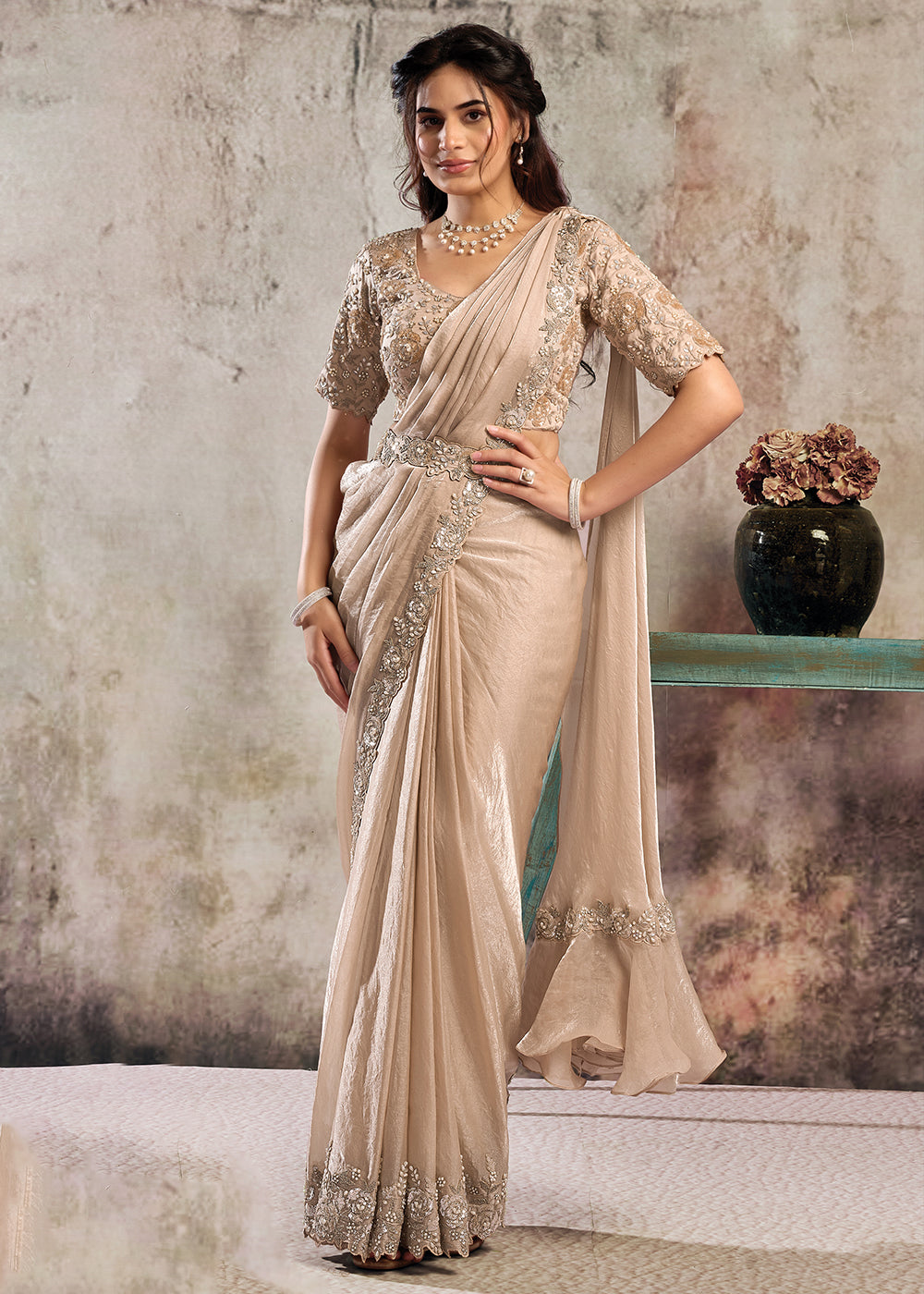 Buy Peachy Beige Desgner Party Wear Pre Draped Saree Online in US, UK, Canada, Spain, France, Germany, Italy, Austria, Ireland, Sweden & Worldwide at Empress.