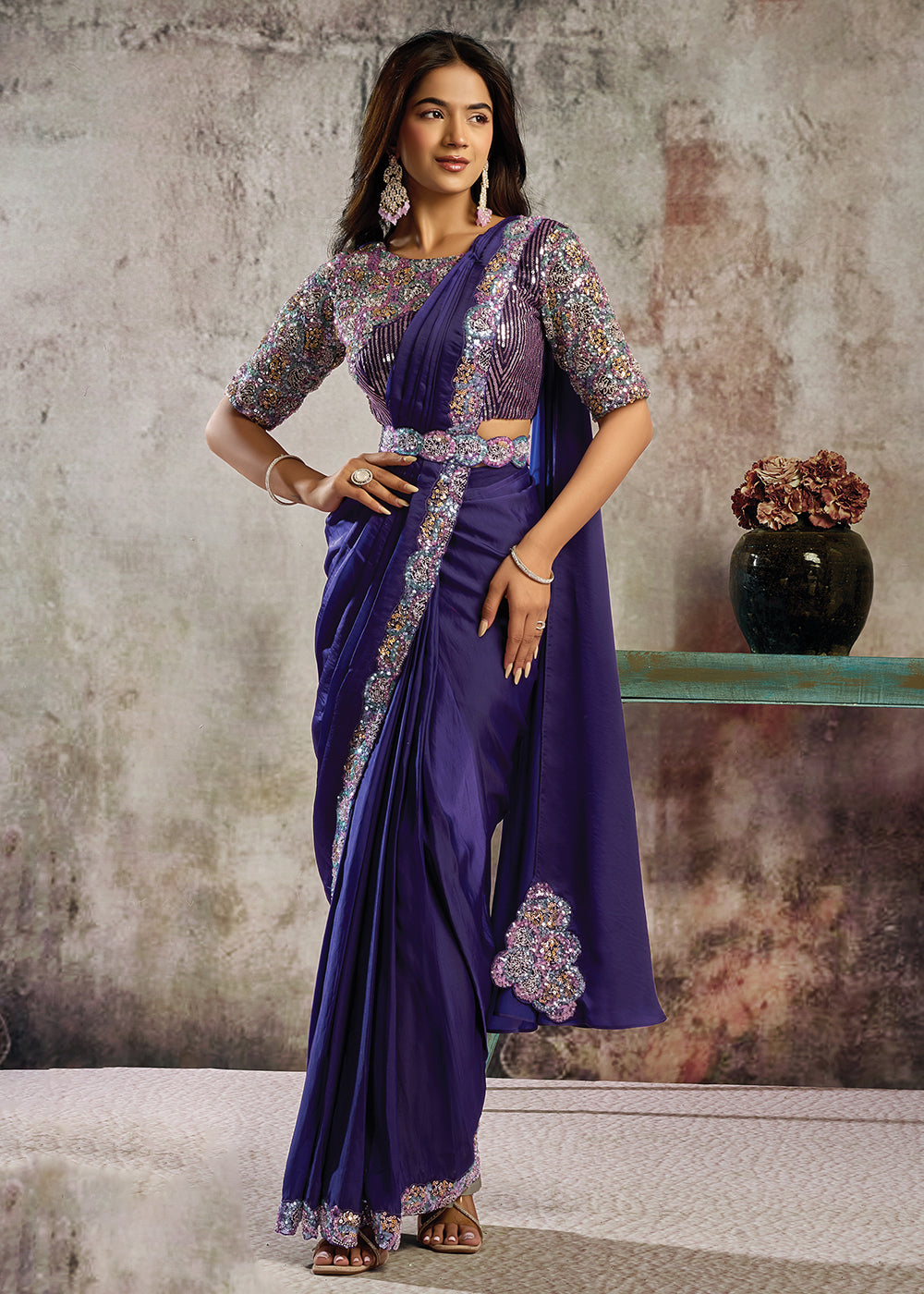 Buy Violet Purple Desgner Party Wear Pre Draped Saree Online in US, UK, Canada, Spain, France, Germany, Italy, Austria, Ireland, Sweden & Worldwide at Empress.