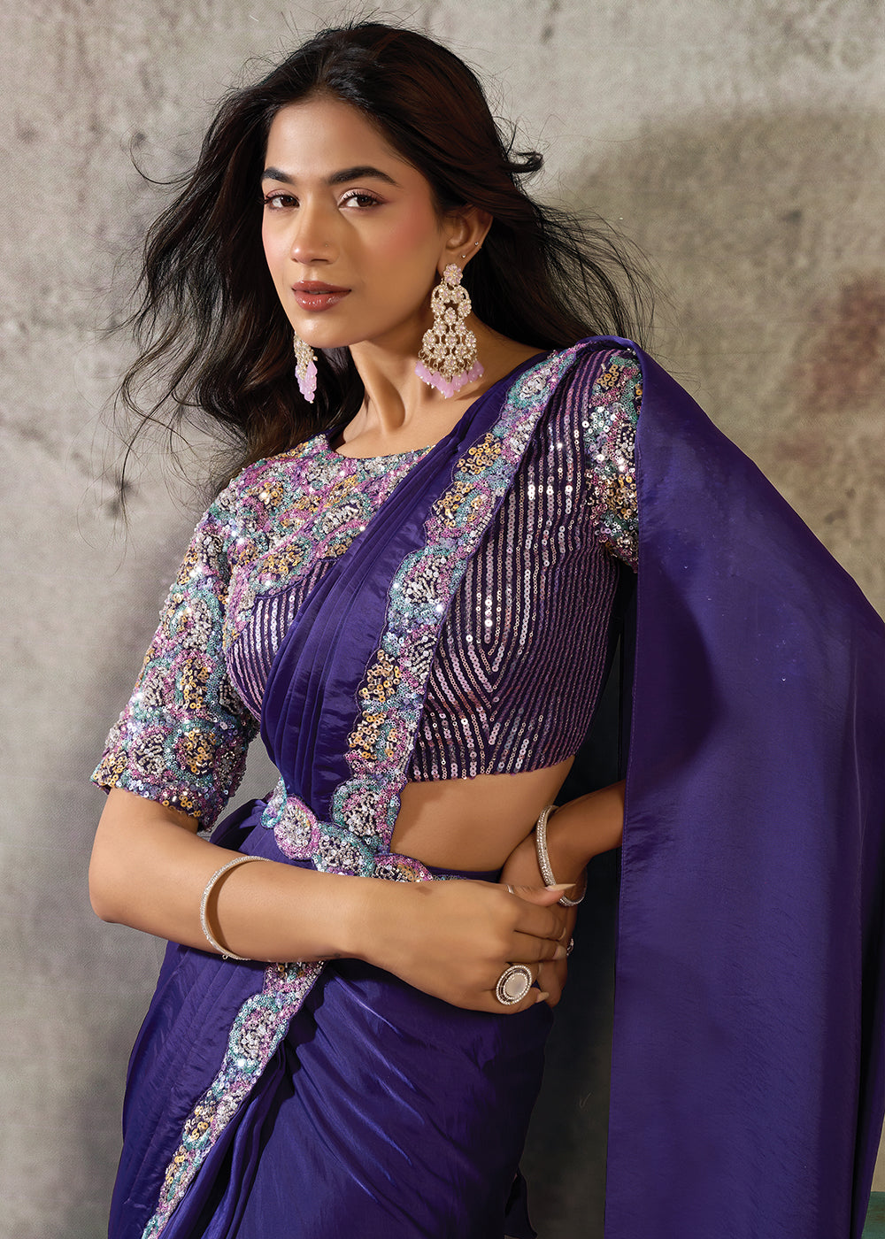 Buy Violet Purple Desgner Party Wear Pre Draped Saree Online in US, UK, Canada, Spain, France, Germany, Italy, Austria, Ireland, Sweden & Worldwide at Empress.