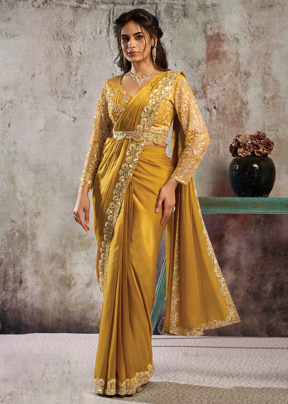 Buy Mustard Desgner Party Wear Pre Draped Saree Online in US, UK, Canada, Spain, France, Germany, Italy, Austria, Ireland, Sweden, UAE & Worldwide at Empress.