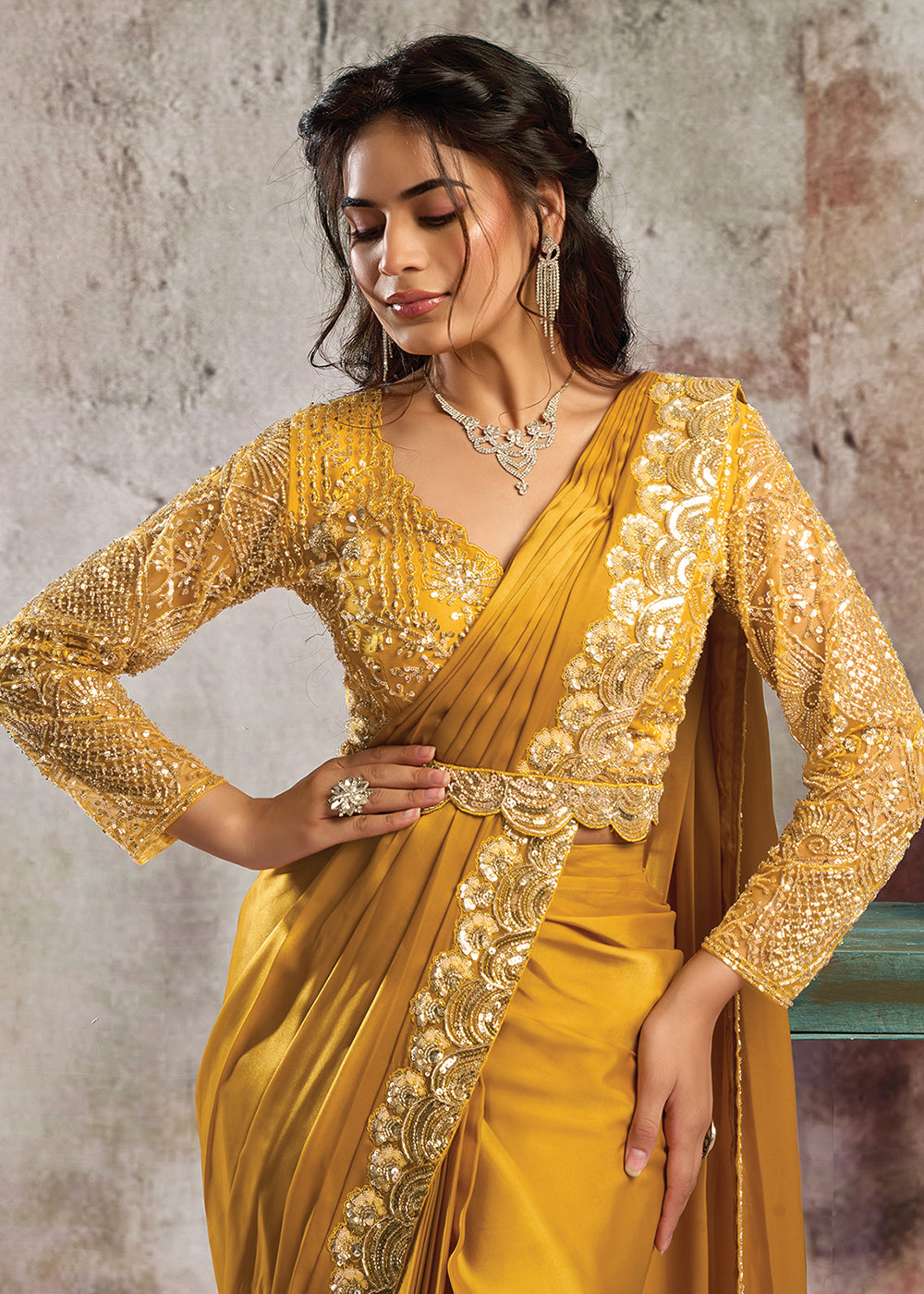 Buy Mustard Desgner Party Wear Pre Draped Saree Online in US, UK, Canada, Spain, France, Germany, Italy, Austria, Ireland, Sweden, UAE & Worldwide at Empress.