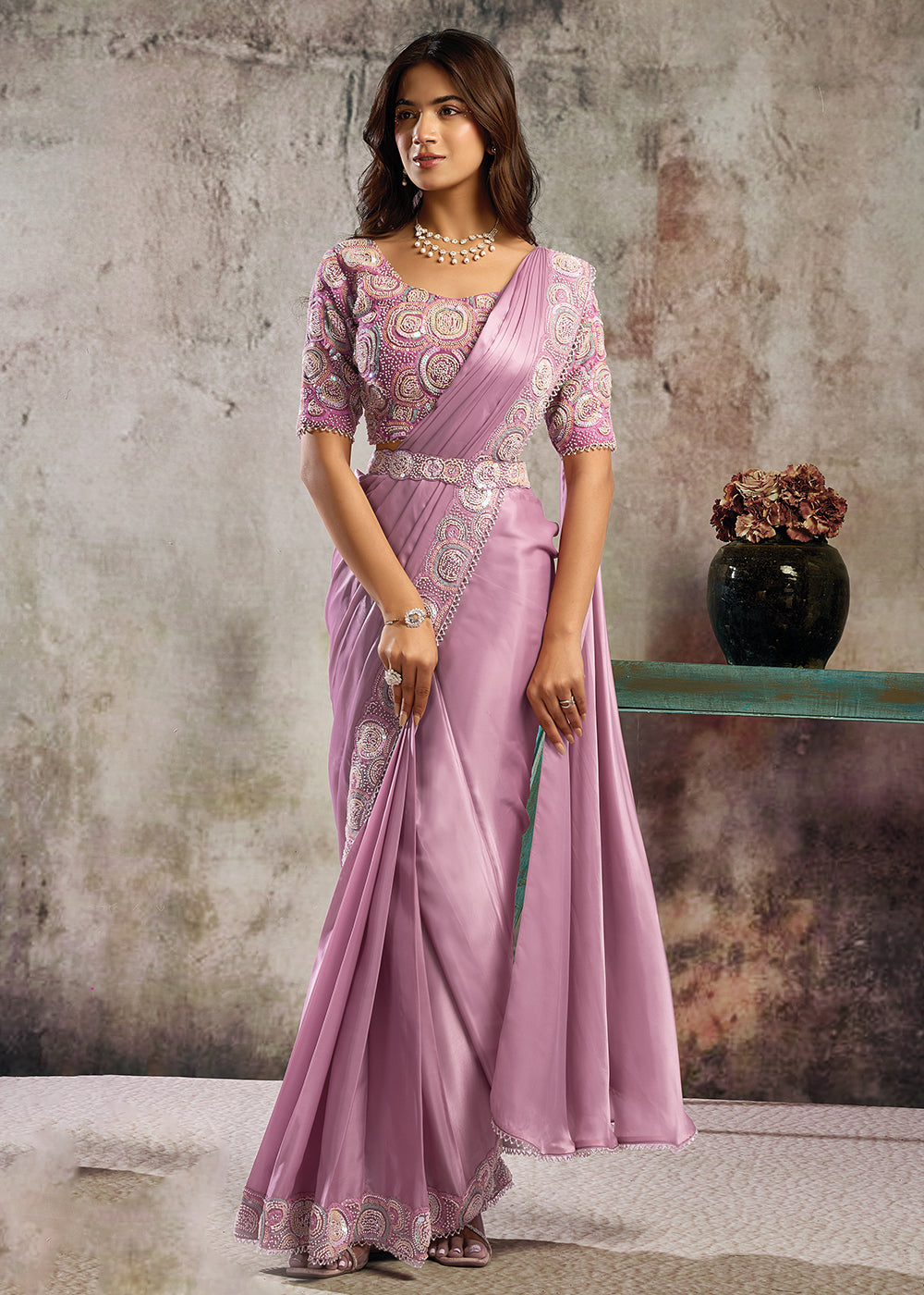 Buy Lilac Pink Desgner Party Wear Pre Draped Saree Online in US, UK, Canada, Spain, France, Germany, Italy, Austria, Ireland, Sweden & Worldwide at Empress.