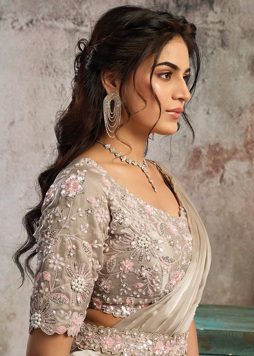 Buy Champagne White Desgner Party Wear Pre Draped Saree Online in US, UK, Canada, Spain, France, Germany, Italy, Austria, Ireland, Sweden & Worldwide at Empress.