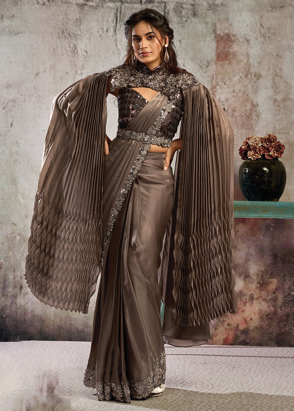 Buy Oak Brown Desgner Party Wear Pre Draped Saree Online in US, UK, Canada, Spain, France, Germany, Italy, Austria, Ireland, Sweden, UAE & Worldwide at Empress.