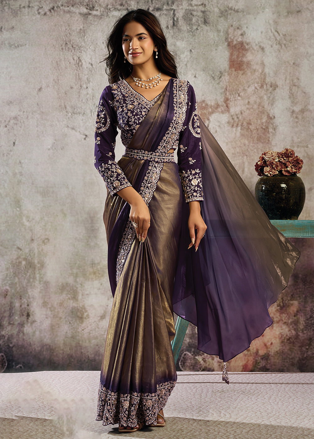 Buy Bronze Plum Desgner Party Wear Pre Draped Saree Online in US, UK, Canada, Spain, France, Germany, Italy, Austria, Ireland, Sweden & Worldwide at Empress.