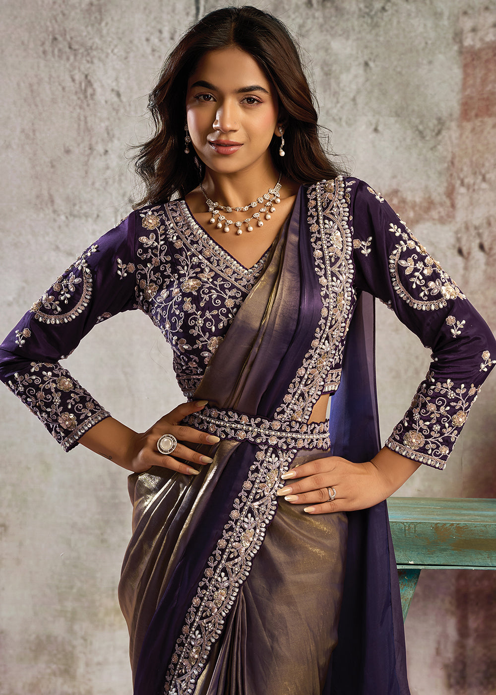 Buy Bronze Plum Desgner Party Wear Pre Draped Saree Online in US, UK, Canada, Spain, France, Germany, Italy, Austria, Ireland, Sweden & Worldwide at Empress.