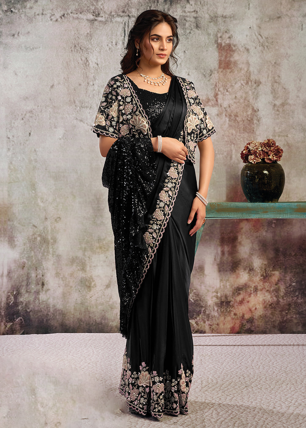 Buy Classy Black Desgner Party Wear Pre Draped Saree Online in US, UK, Canada, Spain, France, Germany, Italy, Austria, Ireland, Sweden & Worldwide at Empress.