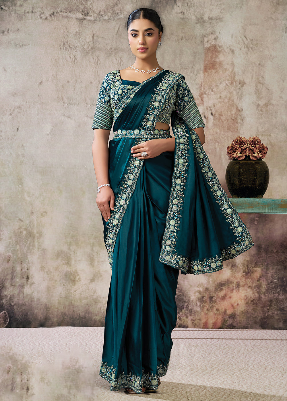 Buy Teal Blue Desgner Party Wear Pre Draped Saree Online in US, UK, Canada, Spain, France, Germany, Italy, Austria, Ireland, Sweden, UAE & Worldwide at Empress.