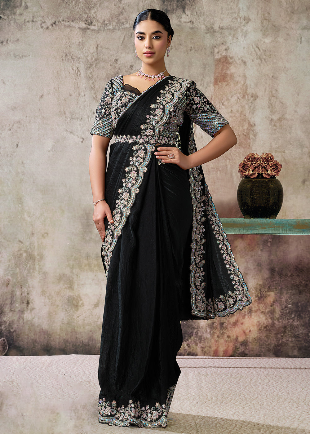 Buy Black Desgner Party Wear Pre Draped Saree Online in US, UK, Canada, Spain, France, Germany, Italy, Austria, Ireland, Sweden, UAE & Worldwide at Empress.