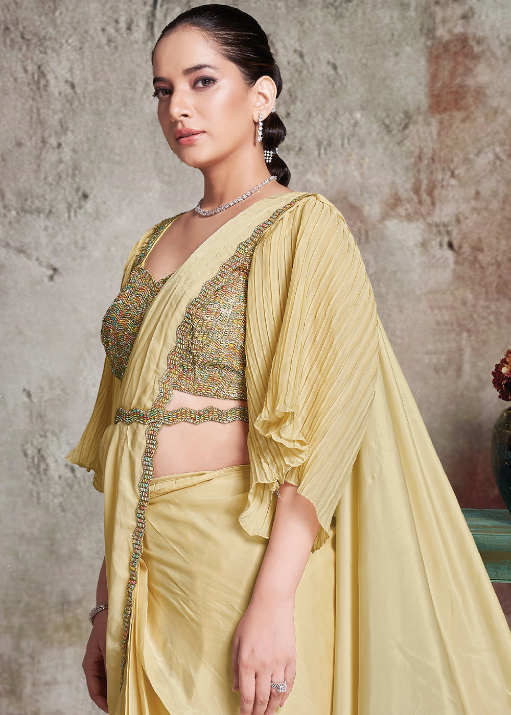 Buy Pastel Yellow Desgner Party Wear Pre Draped Saree Online in US, UK, Canada, Spain, France, Germany, Italy, Austria, Ireland, Sweden & Worldwide at Empress.