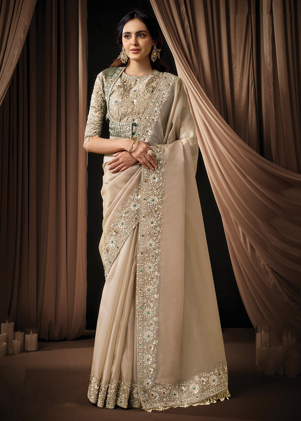 Buy Now Premium Beige Embroidered Heavy Designer Wear Saree Online in US, UK, Canada, France, Germany, Denmark, Netherland, Sweden, UAE & Worldwide at Empress.