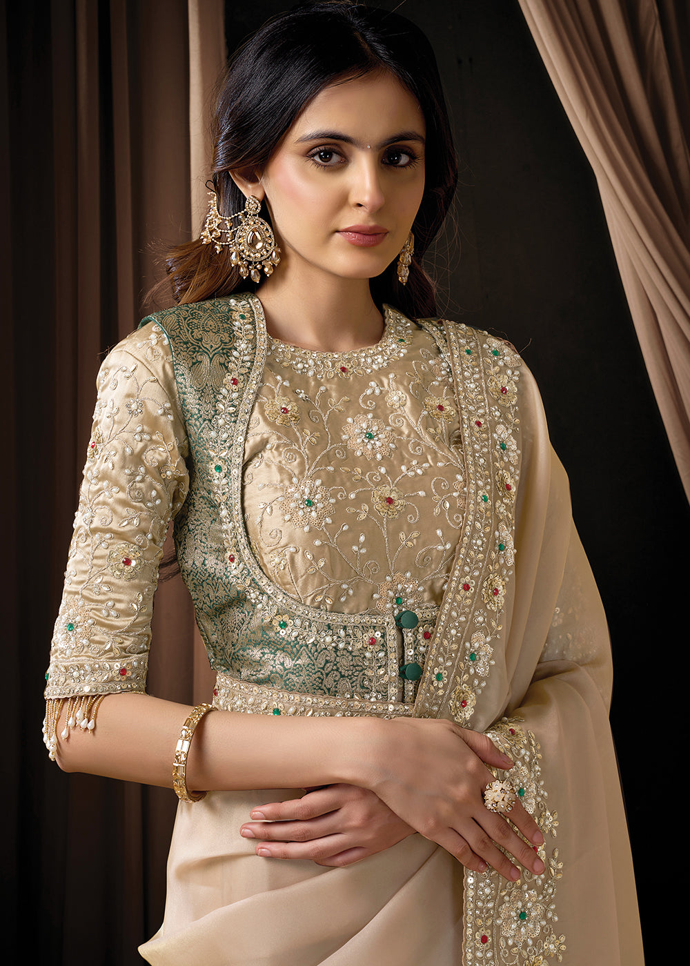 Buy Now Premium Beige Embroidered Heavy Designer Wear Saree Online in US, UK, Canada, France, Germany, Denmark, Netherland, Sweden, UAE & Worldwide at Empress.