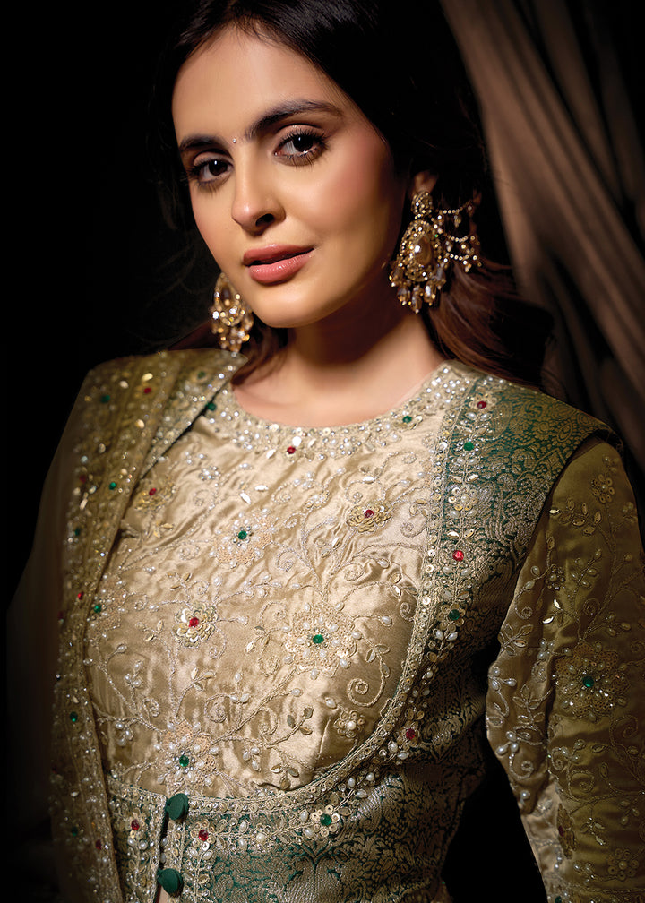 Buy Now Premium Beige Embroidered Heavy Designer Wear Saree Online in US, UK, Canada, France, Germany, Denmark, Netherland, Sweden, UAE & Worldwide at Empress.