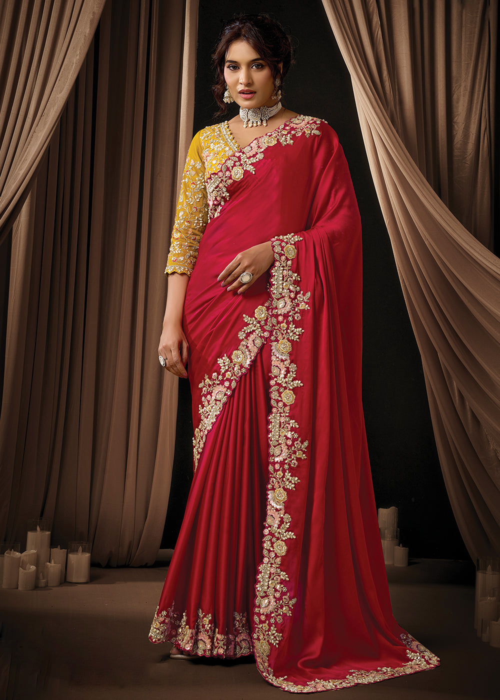 Buy Now Premium Red Embroidered Heavy Designer Wear Saree Online in US, UK, Canada, France, Germany, Denmark, Netherland, Sweden, UAE & Worldwide at Empress.