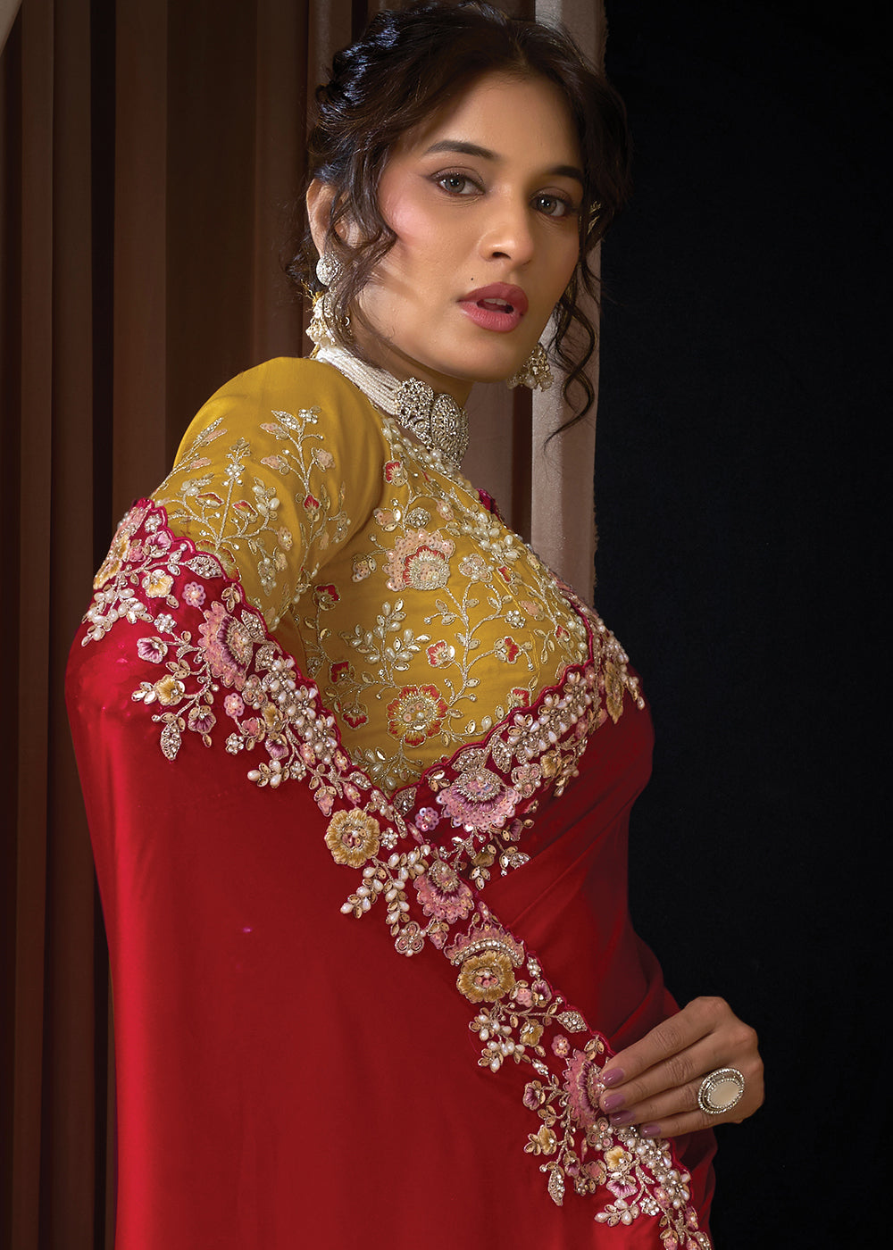 Buy Now Premium Red Embroidered Heavy Designer Wear Saree Online in US, UK, Canada, France, Germany, Denmark, Netherland, Sweden, UAE & Worldwide at Empress.