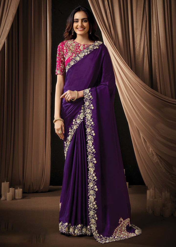 Buy Now Premium Purple Embroidered Heavy Designer Wear Saree Online in US, UK, Canada, France, Germany, Denmark, Netherland, Sweden, UAE & Worldwide at Empress.