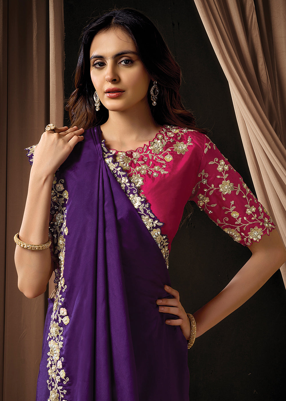 Buy Now Premium Purple Embroidered Heavy Designer Wear Saree Online in US, UK, Canada, France, Germany, Denmark, Netherland, Sweden, UAE & Worldwide at Empress.