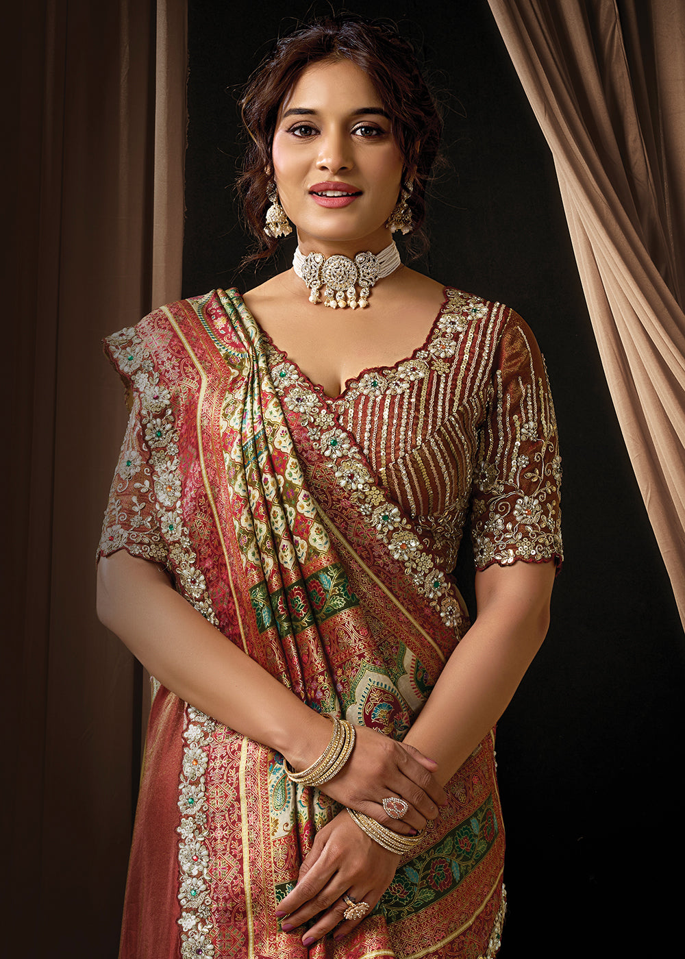 Buy Now Premium Multicolor Embroidered Heavy Designer Wear Saree Online in US, UK, Canada, France, Germany, Denmark, Netherland, Sweden & Worldwide at Empress.