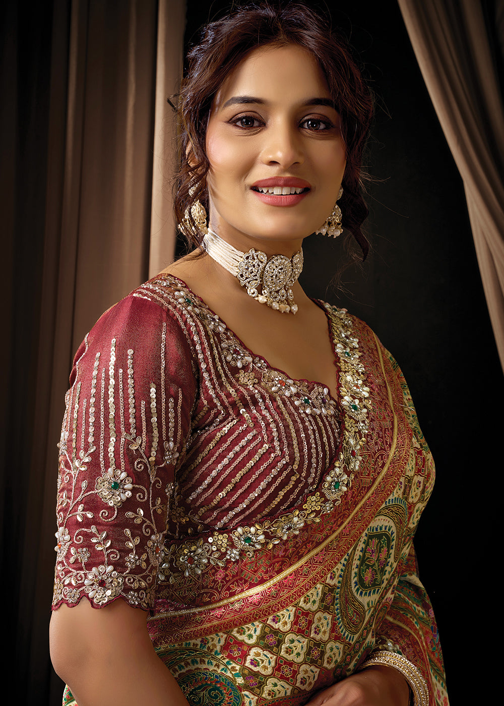 Buy Now Premium Multicolor Embroidered Heavy Designer Wear Saree Online in US, UK, Canada, France, Germany, Denmark, Netherland, Sweden & Worldwide at Empress.