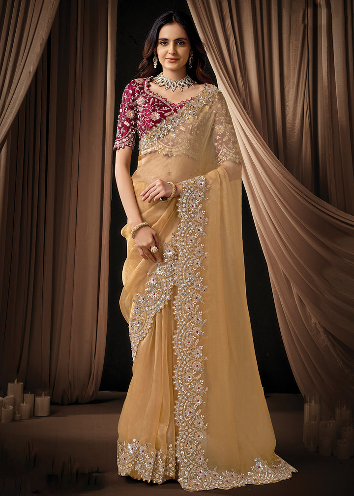 Buy Now Premium Brown Embroidered Heavy Designer Wear Saree Online in US, UK, Canada, France, Germany, Denmark, Netherland, Sweden, UAE & Worldwide at Empress.