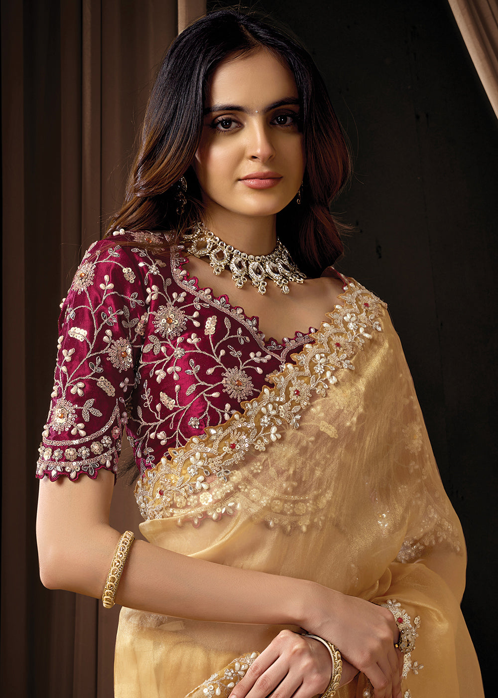 Buy Now Premium Brown Embroidered Heavy Designer Wear Saree Online in US, UK, Canada, France, Germany, Denmark, Netherland, Sweden, UAE & Worldwide at Empress.