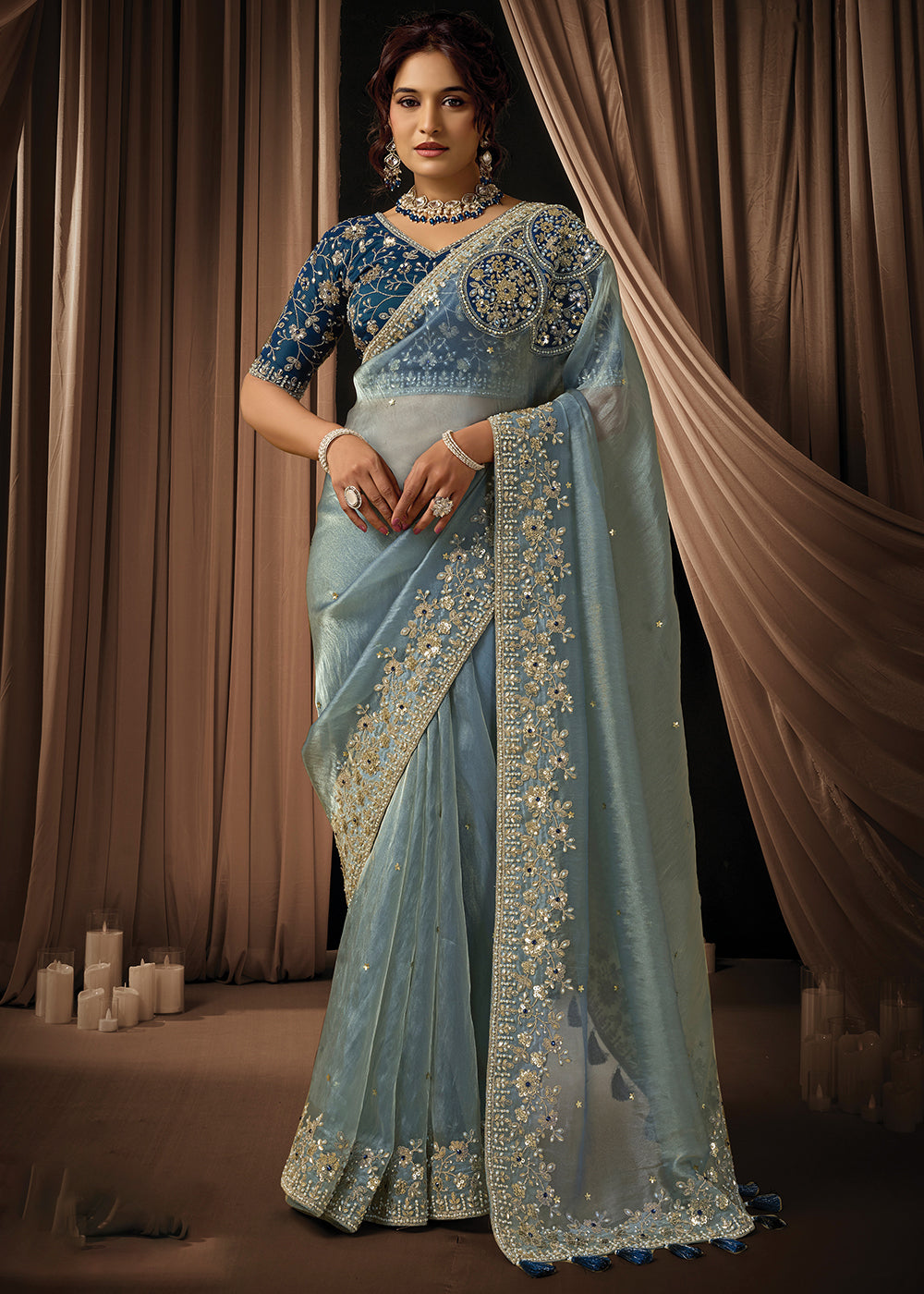 Buy Now Premium Sea Blue Embroidered Heavy Designer Wear Saree Online in US, UK, Canada, France, Germany, Denmark, Netherland, Sweden & Worldwide at Empress.