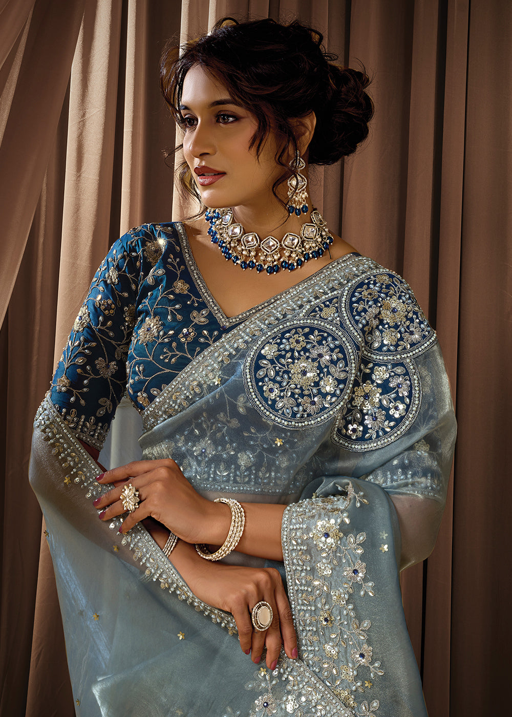 Buy Now Premium Sea Blue Embroidered Heavy Designer Wear Saree Online in US, UK, Canada, France, Germany, Denmark, Netherland, Sweden & Worldwide at Empress.
