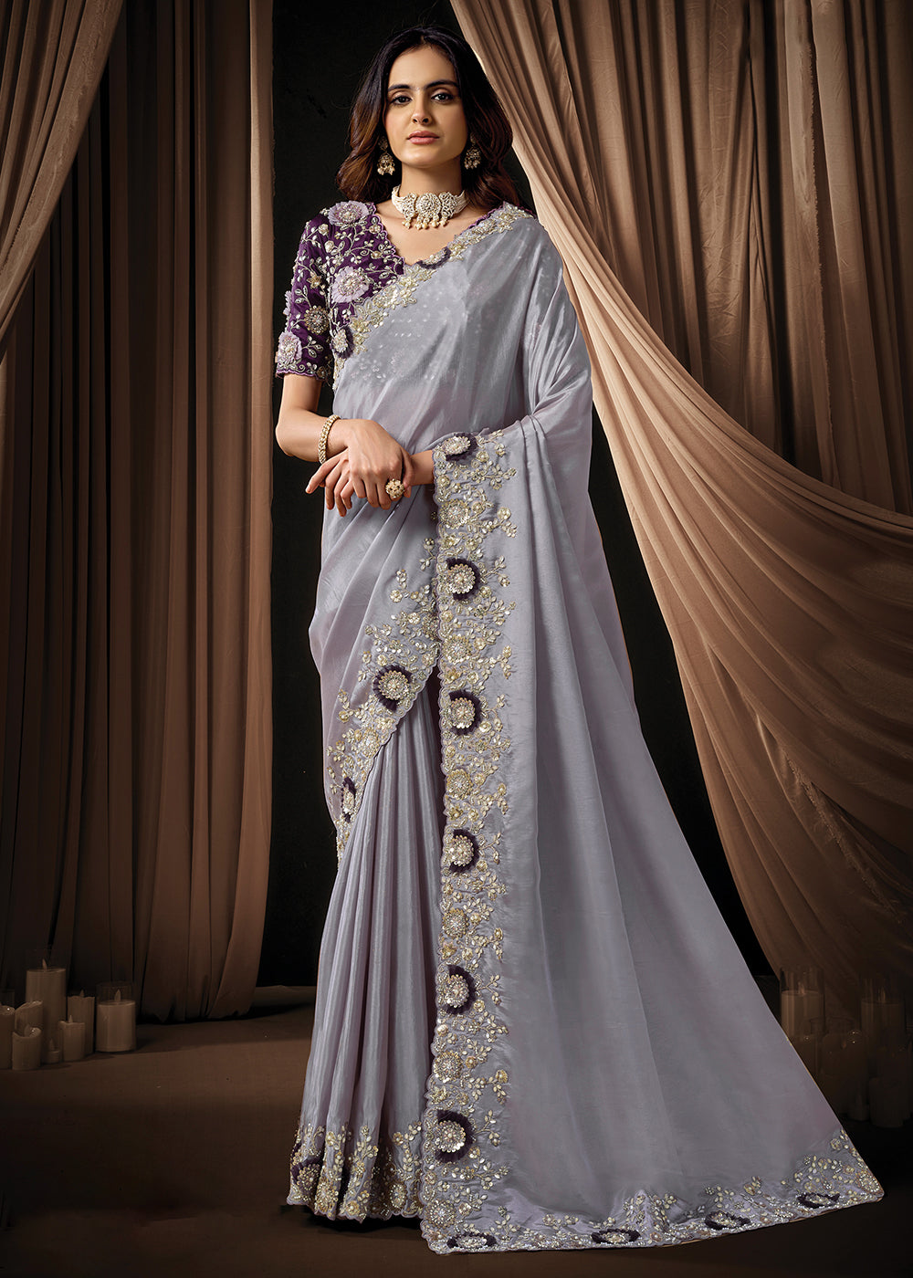 Buy Now Premium Light Purple Embroidered Heavy Designer Wear Saree Online in US, UK, Canada, France, Germany, Denmark, Netherland, Sweden & Worldwide at Empress.