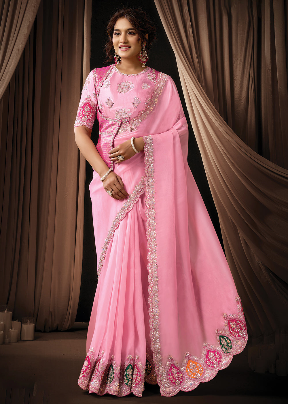 Buy Now Premium Pink Embroidered Heavy Designer Wear Saree Online in US, UK, Canada, France, Germany, Denmark, Netherland, Sweden, Africa & Worldwide at Empress.