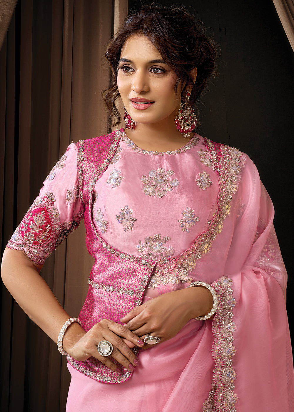 Buy Now Premium Pink Embroidered Heavy Designer Wear Saree Online in US, UK, Canada, France, Germany, Denmark, Netherland, Sweden, Africa & Worldwide at Empress.