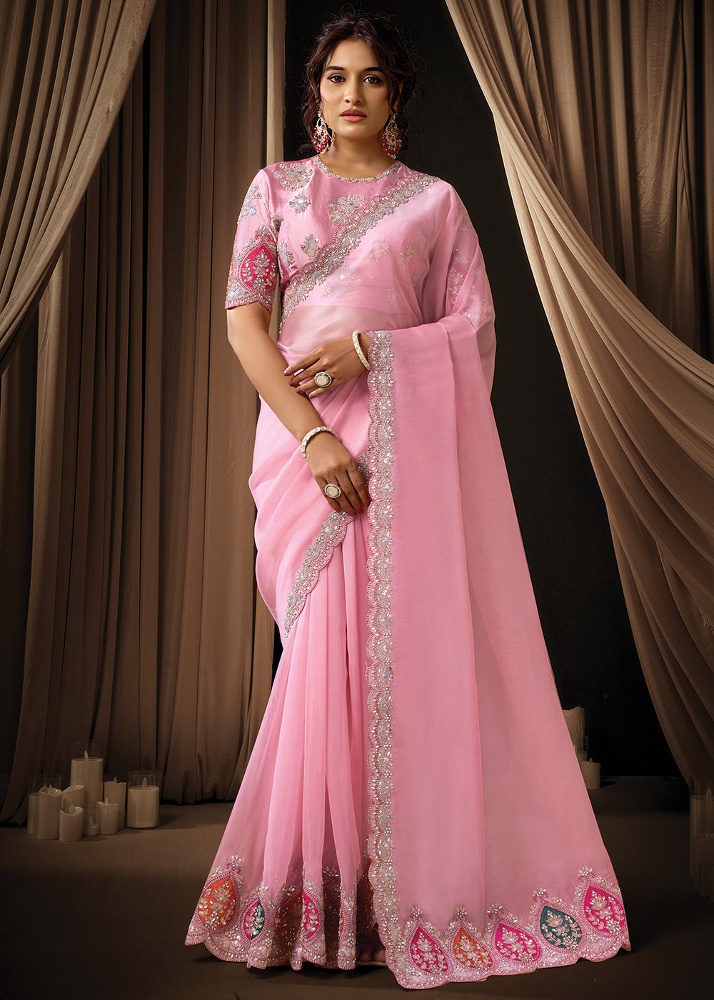 Buy Now Premium Pink Embroidered Heavy Designer Wear Saree Online in US, UK, Canada, France, Germany, Denmark, Netherland, Sweden, Africa & Worldwide at Empress.
