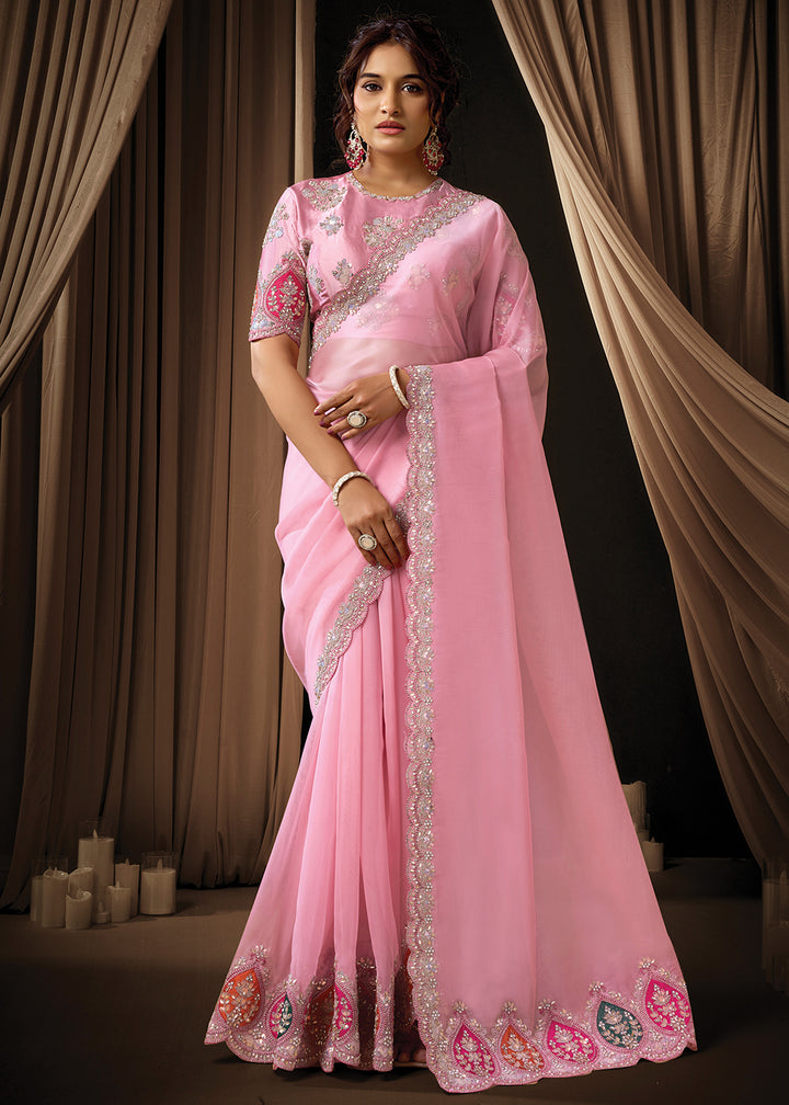 Buy Now Premium Pink Embroidered Heavy Designer Wear Saree Online in US, UK, Canada, France, Germany, Denmark, Netherland, Sweden, Africa & Worldwide at Empress.