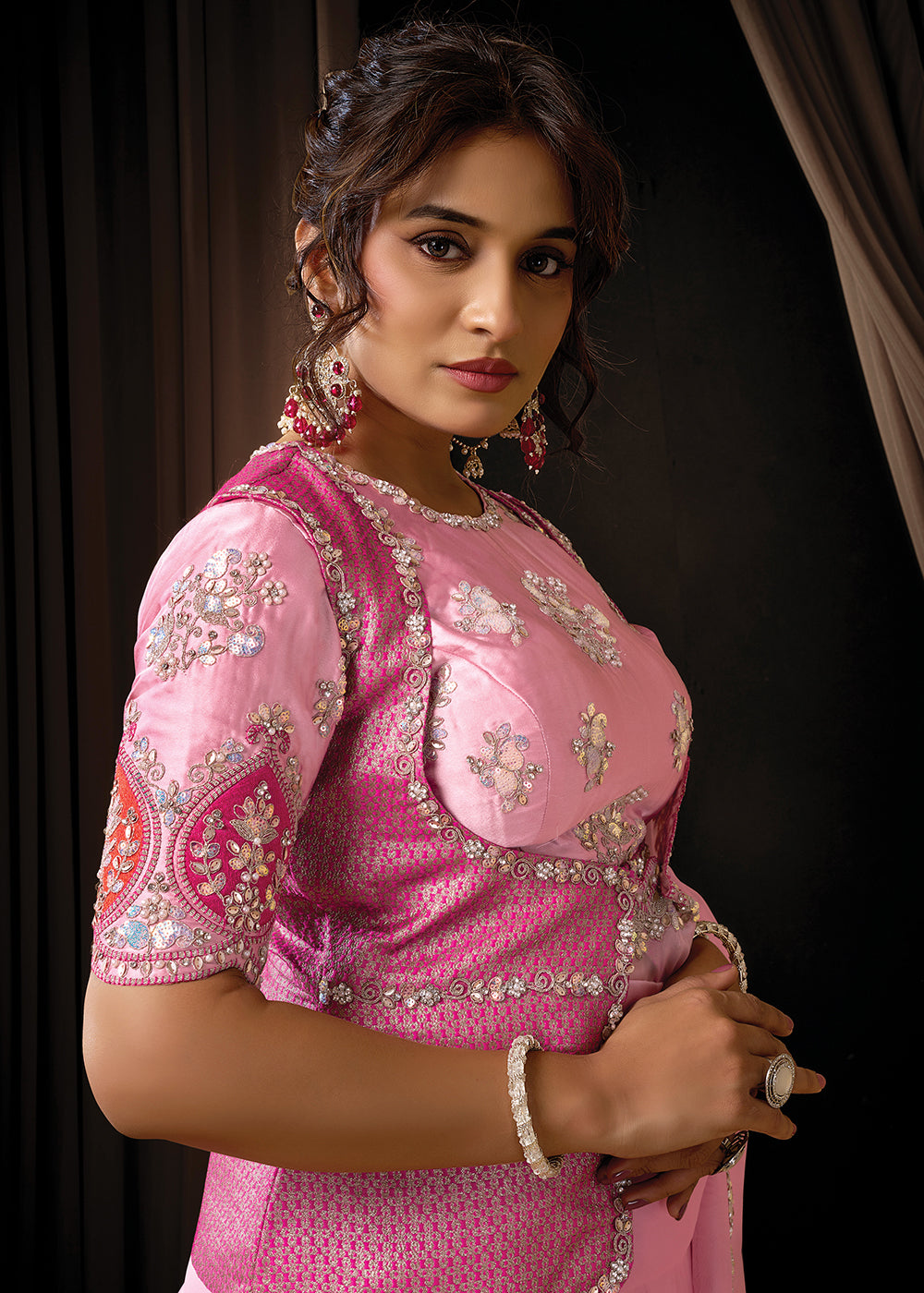 Buy Now Premium Pink Embroidered Heavy Designer Wear Saree Online in US, UK, Canada, France, Germany, Denmark, Netherland, Sweden, Africa & Worldwide at Empress.