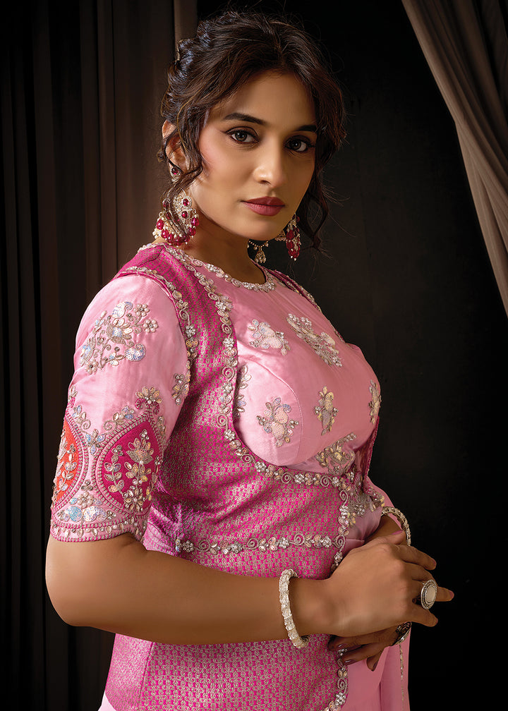 Buy Now Premium Pink Embroidered Heavy Designer Wear Saree Online in US, UK, Canada, France, Germany, Denmark, Netherland, Sweden, Africa & Worldwide at Empress.