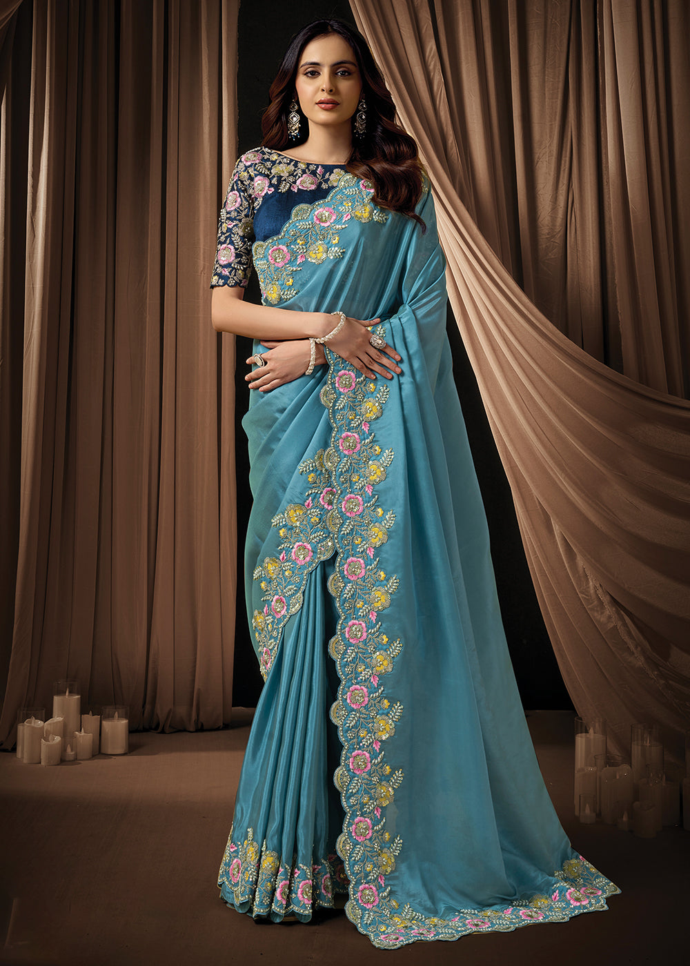 Buy Now Premium Light Blue Embroidered Heavy Designer Wear Saree Online in US, UK, Canada, France, Germany, Denmark, Netherland, Sweden & Worldwide at Empress.