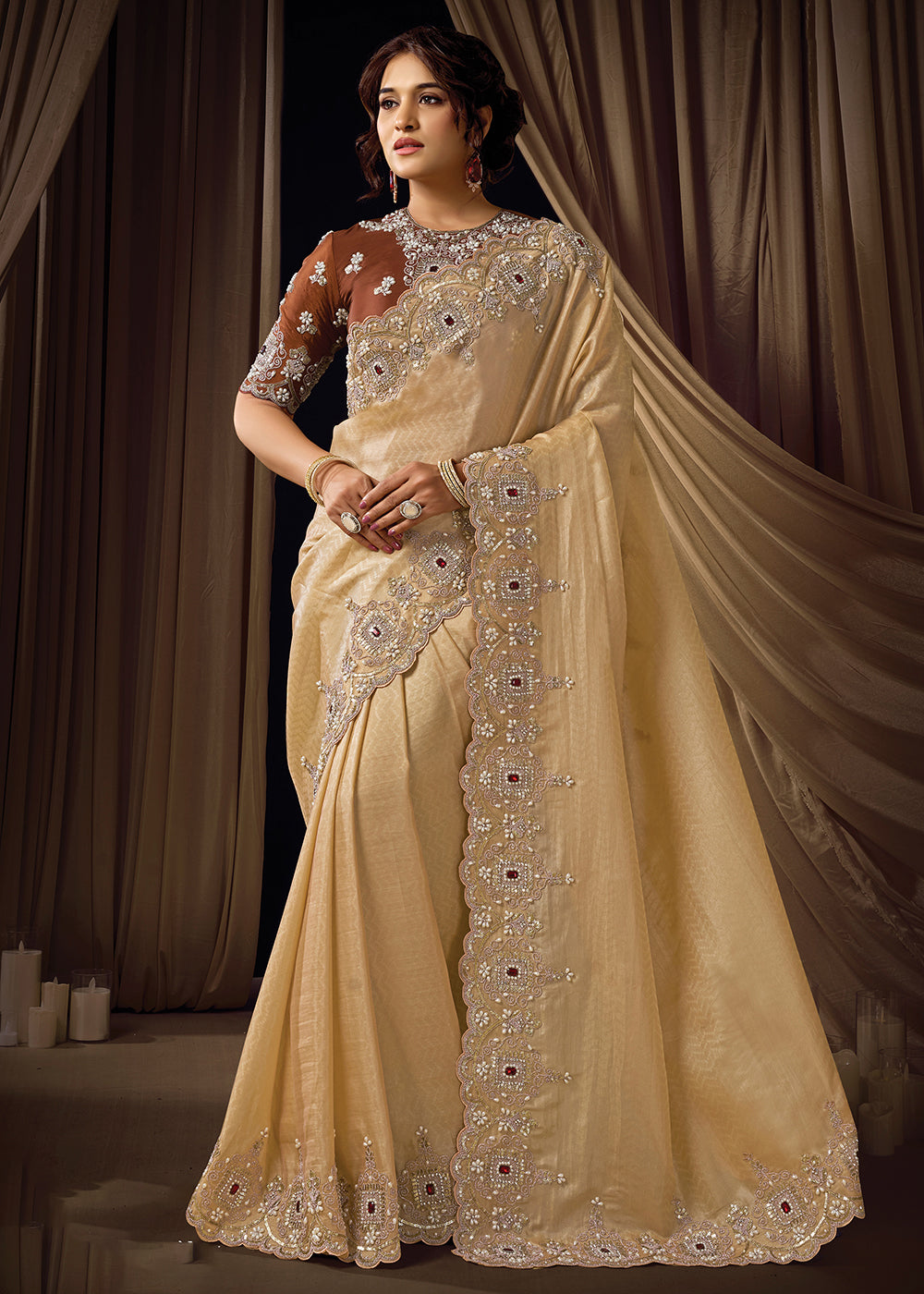 Buy Now Premium Beige Brown Embroidered Heavy Designer Wear Saree Online in US, UK, Canada, France, Germany, Denmark, Netherland, Sweden & Worldwide at Empress.
